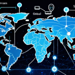 ** A global map with interconnected nodes representing suppliers, manufacturers, and consumers. Data streams flow between the nodes, visualized as glowing lines. Icons representing different technologies (sensors, cloud servers, blockchain symbols) are subtly overlaid on the network. The overall feel is modern and efficient.

**
