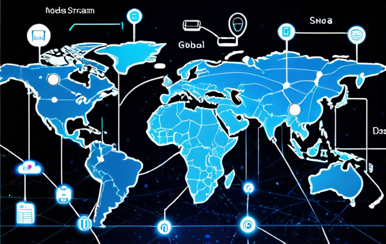 ** A global map with interconnected nodes representing suppliers, manufacturers, and consumers. Data streams flow between the nodes, visualized as glowing lines. Icons representing different technologies (sensors, cloud servers, blockchain symbols) are subtly overlaid on the network. The overall feel is modern and efficient.
**